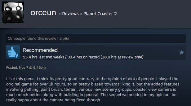 Screenshot showing Steam user reviews of Planet Coaster 2.